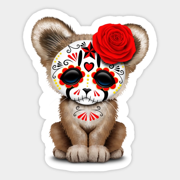 Red Day of the Dead Sugar Skull Cougar Cub Sticker by jeffbartels